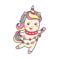 Cute Christmas kawaii character unicorn with lights isolated on white background. Holiday design element for greeting card and print for t-shirt. Vector illustration.