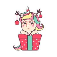 Cute Christmas kawaii character unicorn with gift and deer hors isolated on white background. Holiday design element for greeting card and print for t-shirt. Vector illustration.
