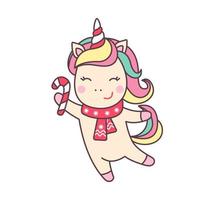 lindo unicornio de personaje kawaii de navidad en bufanda roja con bastón de caramelo de navidad aislado sobre fondo blanco. elemento de diseño de vacaciones para tarjeta de felicitación e impresión para camiseta. ilustración vectorial vector