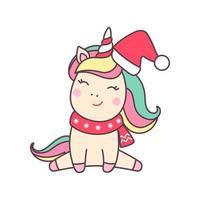 lindo personaje de navidad kawaii unicornio con sombrero de santa claus aislado sobre fondo blanco. elemento de diseño de vacaciones para tarjeta de felicitación e impresión para camiseta. ilustración vectorial vector