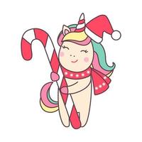 Cute Christmas kawaii character unicorn in santa claus hat with candy cane isolated on white background. Holiday design element for greeting card and print for t-shirt. Vector illustration.