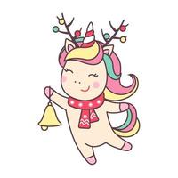 Cute Christmas kawaii character unicorn with deer horns and bell isolated on white background. Holiday design element for greeting card and print for t-shirt. Vector illustration.