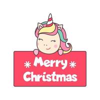 Cute Christmas kawaii character unicorn holding a sign with the text merry christmas isolated on white background. Holiday design element for greeting card and print for t-shirt. Vector illustration.