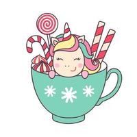 Cute Christmas kawaii character unicorn in cup with lollipops and candy cane isolated on white background. Holiday design element for greeting card and print for t-shirt. Vector illustration.