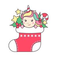 Cute Christmas kawaii character unicorn in santa's sock with candy cane isolated on white background. Holiday design element for greeting card and print for t-shirt. Vector illustration.