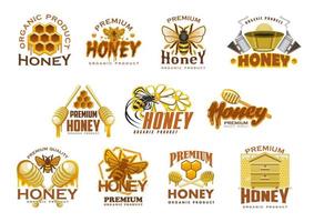 icono de comida dulce premium de miel con abeja y peine vector
