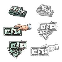 Dollars and hand with money vector sketch icons