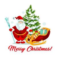 Merry Christmas Santa gifts sleigh tree vector icon