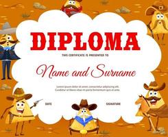 Kids diploma, cowboy and sheriff mexican nachos vector