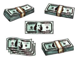 Dollars money banknote bundles vector sketch icons