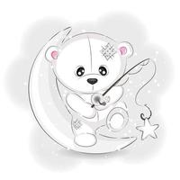 Cute polar bear on the moon with a star and a fishing rod, vector Christmas illustration