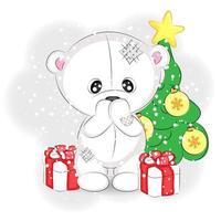 Cute polar bear with a Christmas tree and presents, vector Christmas illustration