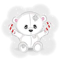 Cute polar bear with candy, vector Christmas illustration