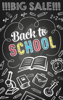 Sale offer banner of school supplies on blackboard vector