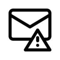 Spam email warning icon with envelope, triangle and exclamation mark in black outline style vector