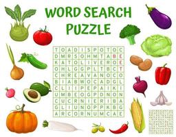 Raw farm vegetables, word search puzzle game quiz vector