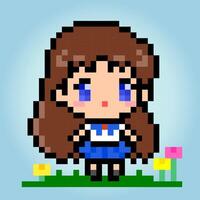 little girl characters on 8 bit pixel art. Cartoon woman in vector illustrations.