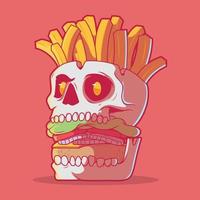 cráneo de hamburguesa con papas fritas ilustración vectorial. comida rápida, horror, concepto de diseño de marca. vector