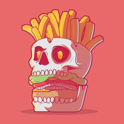 Burger Skull with fries vector illustration. Fast Food, horror, brand design concept.