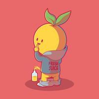 Lemon character peeing in a bottle vector illustration. Fruit, mascot, funny design concept.