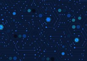 Futuristic electronic circuit technology and hexagon on blue background. Hi-tech digital data connection system. Computer motherboard. Communication and engineering concept. Vector illustration.