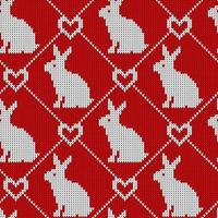 Seamless knitted pattern with rabbit and heart. Funny Christmas background for fabric, wrapping paper and kitchen textile. vector