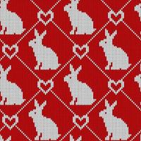 Seamless knitted pattern with rabbit and heart. Funny Christmas background for fabric, wrapping paper and kitchen textile. vector