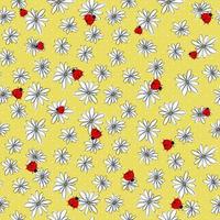 Seamless pattern with simple chamomile flower and ladybug isolated on yellow background. vector