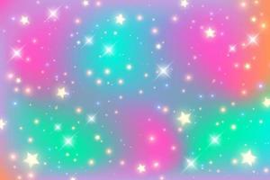 Rainbow unicorn background. Girlie princess sky with stars and sparcles. Gradient holographic fantasy backdrop. Vector abstract iridescent texture.