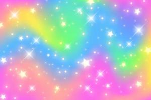 Rainbow unicorn background. Girlie princess sky with stars and sparcles. Gradient holographic fantasy backdrop. Vector abstract iridescent texture.