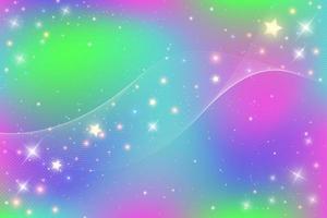 Rainbow unicorn fantasy background. Holographic mesh bright multicolored sky with stars and sparcles. Vector holographic wallpaper