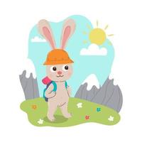 Rabbit hiking with backpack in nature in flat cartoon style. Summer character, outdoor activity. vector