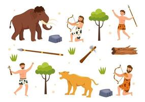 tribus prehistóricas de la edad de piedra que cazan animales grandes con armas en dibujos animados planos ilustración de plantilla de dibujo a mano vector