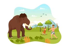 Prehistoric Stone Age Tribes Hunting Large Animals with Weapon in Flat Cartoon Hand Drawing Template Illustration