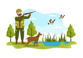 Hunter with Hunting Rifle or Weapon Shooting to Birds or Animals in the forest on Flat Cartoon Hand Drawing Template Illustration vector