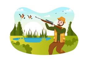 cazador con rifle de caza o arma disparando a aves o animales en el bosque en dibujos animados planos ilustración de plantilla de dibujo a mano vector