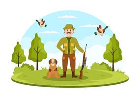 Hunter with Hunting Rifle or Weapon Shooting to Birds or Animals in the forest on Flat Cartoon Hand Drawing Template Illustration