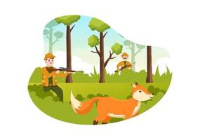 cazador con rifle de caza o arma disparando a aves o animales en el bosque en dibujos animados planos ilustración de plantilla de dibujo a mano vector