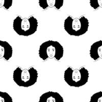 Black females silhouettes, face profile, vignette. Afro woman in profile. Hand drawn vector seamless pattern on white background. Design for invitation, greeting card, vintage style.