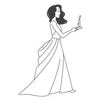 contour illustration girl in a dress walks with a candle vector