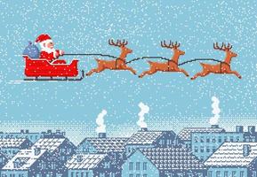 Pixel Santa Claus reindeer sleigh flying in sky vector