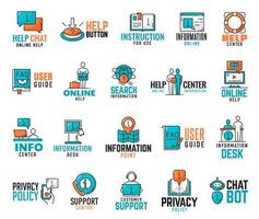 Support center, information and help icons vector