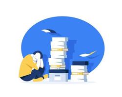 Professional burnout. Young exhausted manager sitting at the office. Long working day. Millennials at work. Flat editable vector illustration, clip art