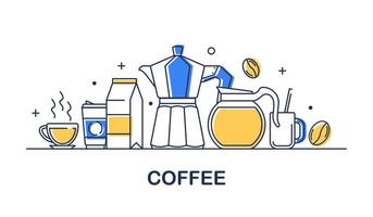 coffee vector banner design concept, flat style with thin line art icons on white background