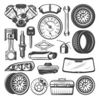 Car spare parts and instruments vector sketch set