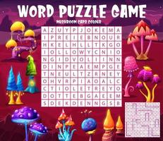 Word search puzzle, quiz game with alien mushrooms