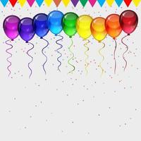 Birthday party vector background - realistic transparency colorful festive balloons, confetti, ribbons flying for celebrations card in isolated white background with space for you text.