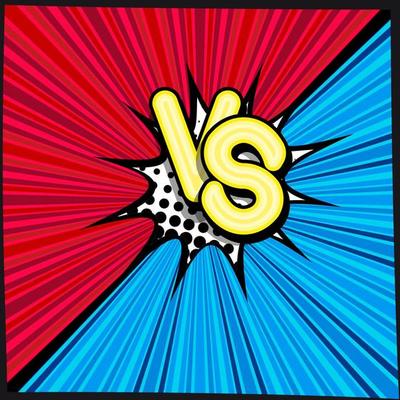 VS comic retro lettering with shadows, halftone pattern on retro poster background. Cloud of explosion with the inscription  versus. Bright vector illustration in vintage pop art style.