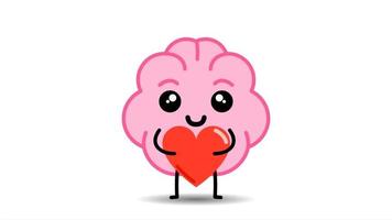 Gehirn hält Herz. konzept der psychischen gesundheit süße kawaii zeichentrickfigur animation. isoliert auf weißem und grünem Hintergrund video