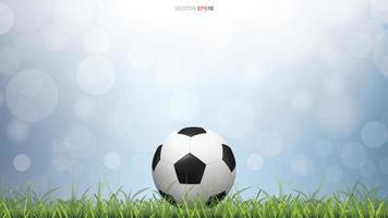 Soccer football ball on green grass field with light blurred bokeh background. Vector. vector